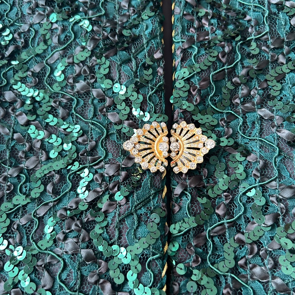 Karen Lawrence By Matthew Sequin Jacket Green 8 Vintage Gold Cord Detail Glam - Picture 2 of 15